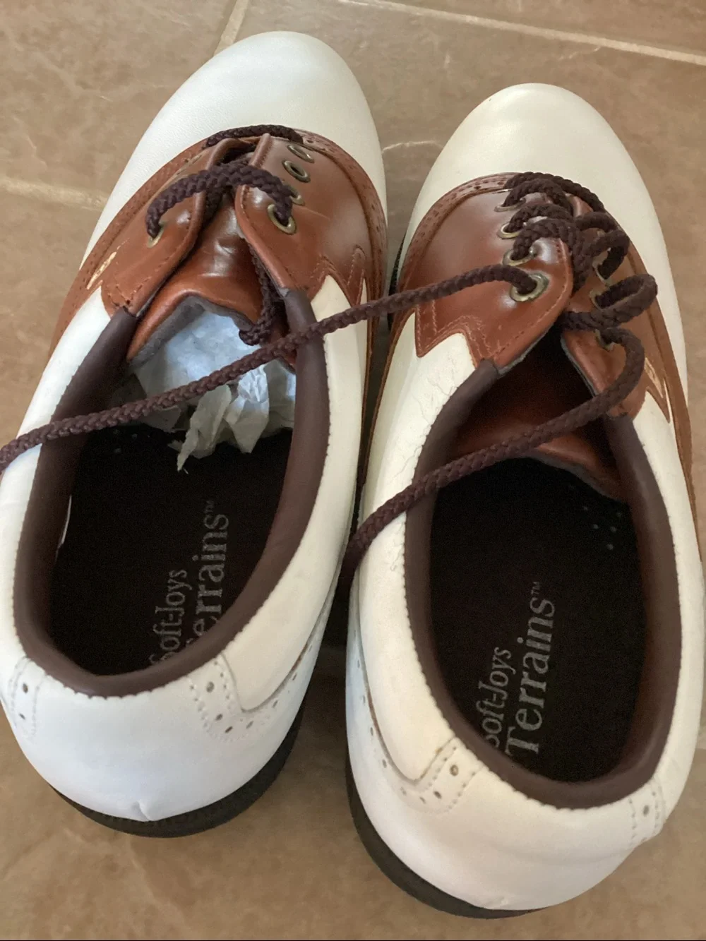 Foot Joy Soft Joys Terrain men’s Oxford golf shoes brown and white. Size 9